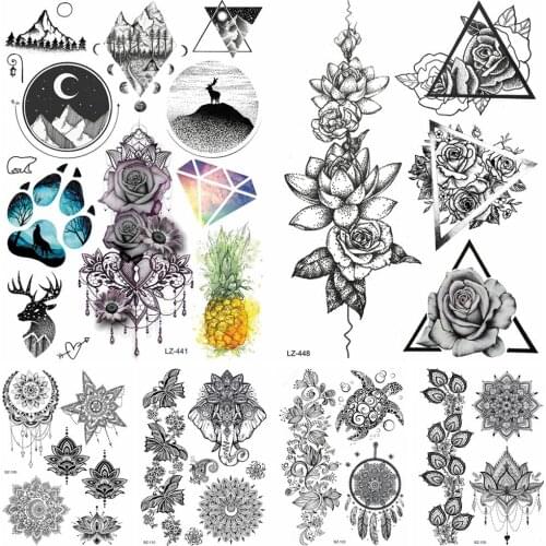 Black Triangle Round Mountain Floral Fake Temporary Tattoo Stickers Girl Body Neck Wrist Tattoos Waterproof Adhesive Custom Tato