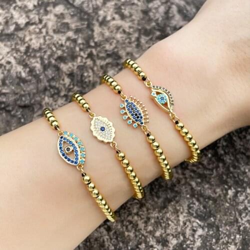 FLOLA Copper CZ Blue Evil Eye Bracelets For Women White Stone Black Rope Bead Bracelet Girls Jewelry brtd69