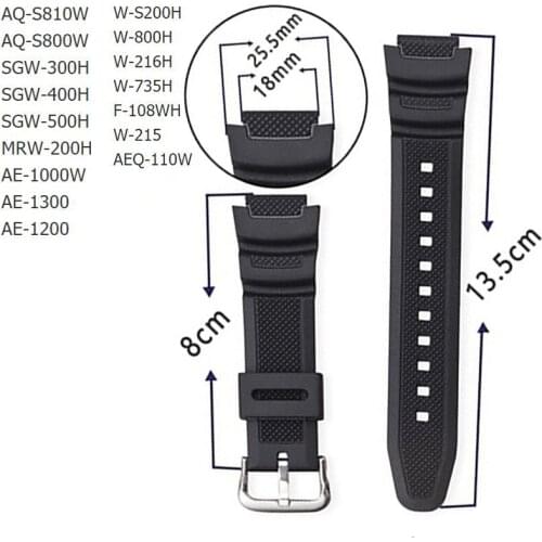 Rubber Strap Stainless Steel Pin Buckle Strap Watch Wrist Bracelet Black Strap For Casio AE-1000W AQ-S810W SGW-400H / SGW-300H