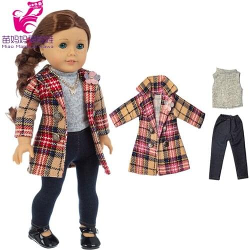 18 Inch Girl Doll Woolen Over Coat 43 Cm Baby Doll Clothes Winter Plaid Long Jacket New Year Gift for Children Girl