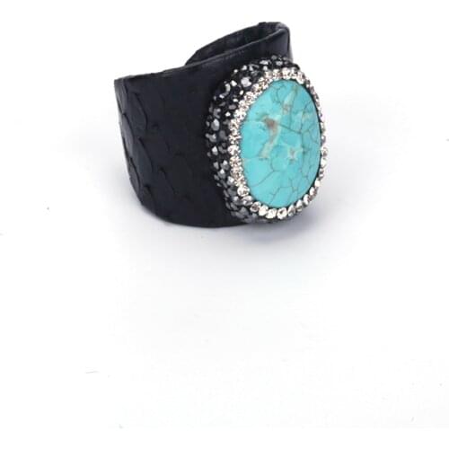 Trendy Oval Blue Turquoises Howlite Bead Charms Pave Rhinestone Black Real Snake Leather Adjustable Open Ring Cuff For Women Man