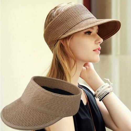 New Simple Summer Straw Sun Hat Women Backable Sun Visor Hat With Big Heads Wide Brim UV Protection Female