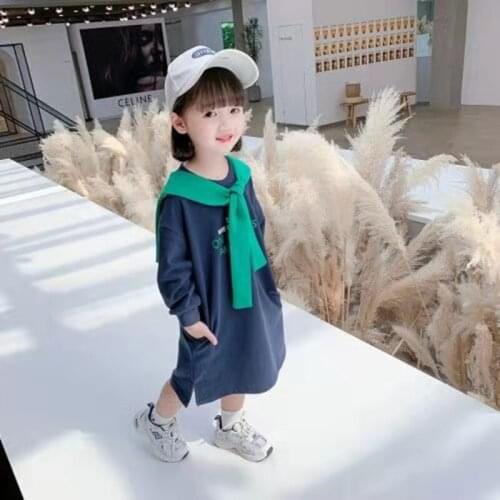 2021 New Girls Mid-length Sweater Split Autumn Childrens Korean Style Fashionable Shawl Fake Two-piece Dress