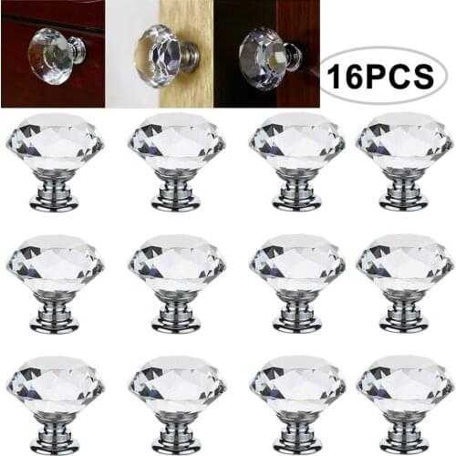 16pcs Crystal Door Handle 30mm Diamond Shape Single Port Knob Handle for Cabinet Drawer Door Cupboard Wardrobe Closet Hardware