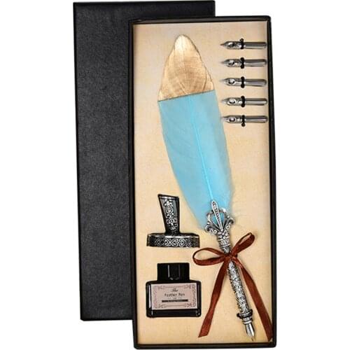 1 Set Vintage Calligraphy Feather Dip Pen 2/5 Nib Writing Ink Quill Fountain Pen Retro Stationery Wedding Gift 28x9x4cm