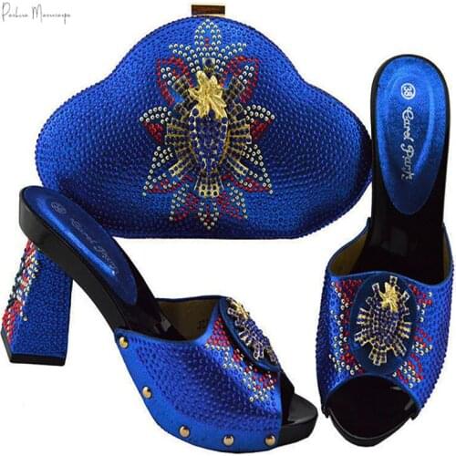 African 2021 Hot Selling Italian Design Newest Nigerian Fashion Special Style Royal Blue Color Women Shoes and Bag Set for Party