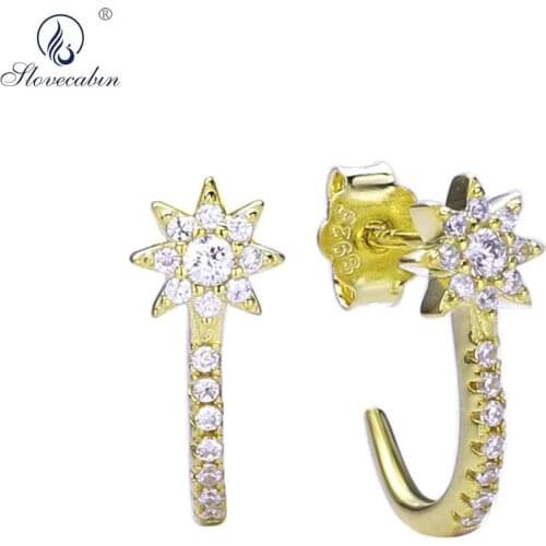Slovecabin 925 Sterling Silver Zircon Star J Shape Stud Earring For Women Girl Party New Arrival Crystal Brincos Jewelry Making