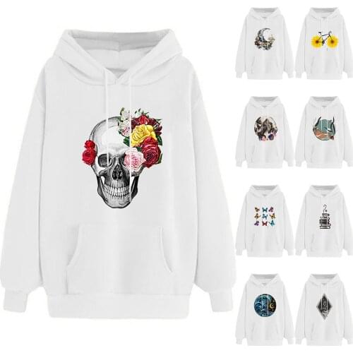 2021 Winter Hoodies For Women Cartoon Skull Print Long Sleeve Full Fleece Sweatshirt Pullover Top With Pocket neutral Sudadera