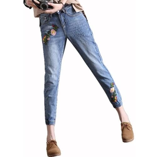 Woman Embroidery Floral Jeans Slim Pencil Pants Vintage Casual High Waist Jeans New Women CowBoy Style Denim 2018 New Plus Size