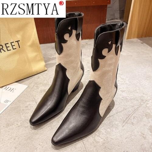 2021 Women Mid Calf Western Boots Cowboy Pointed Toe Knee High Pull On Boots Ladies Fashion Leather Motorcycle Boots Botas Mujer