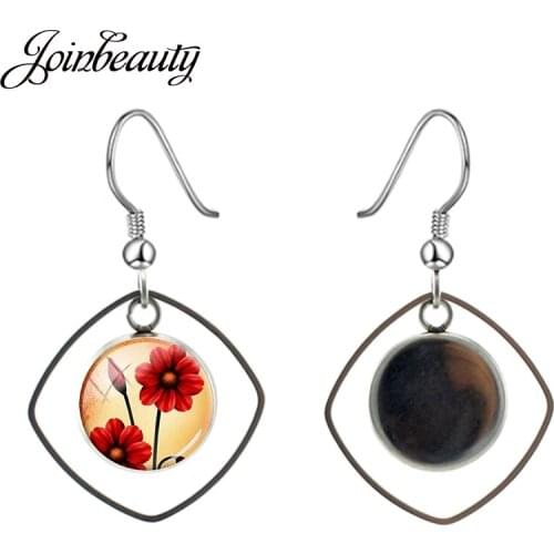 JOINBEAUTY 2020 Red Poppy Flower Art Picture Hollow Out Geometry Drop Earrings Glass Trendy Women Dangle Earrings Wedding HH012