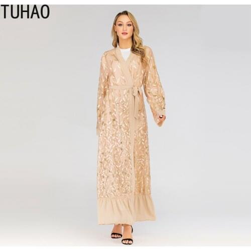 Middle Eastern Lace Cardigan Long Coat Woman Sequined Leaf Embroidery Muslim Robes Windbreaker Fashion Maxi Trench Coat T1711
