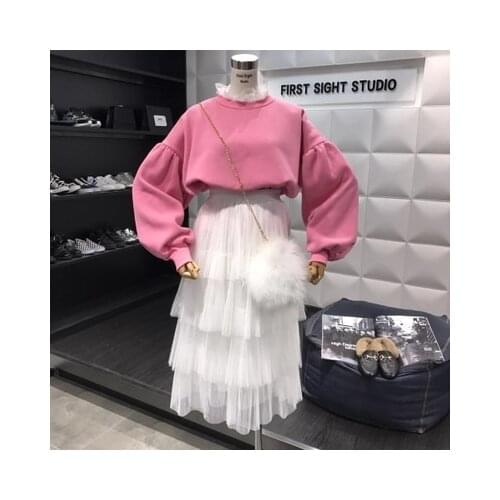 2 Piece Set Women 2021 Spring Korean Style Cute Lace Patchwork Long Sleeve Fleeced Pink Sweatshirt Layered Mesh Skirt Set S74