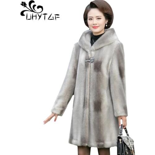 UHYTGF Winter fur coat for women quality mink fur casual warm Female fur jacket hooded loose 5XL plus size tops outerwear 1188