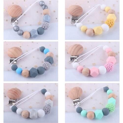 1Pc Baby Infant Wooden Beaded Pacifier Holder Clip Nipple Teether Dummy Pacifier Portable Chain Child Baby Silicone Teething Toy