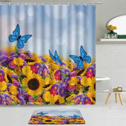 2Pcs Color Flower Sunflower Butterfly Shower Curtain Floral Green Plant Zen Stone Bathroom Non-Slip Bath Mat Cloth Curtains Set