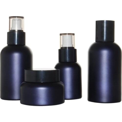 40/100/120ML Glass Mist Spray Bottle Matte Dark Blue 50g Cream Jar Empty Plug Bottle Cosmetic Set Refillable Lotion Pump Bottle