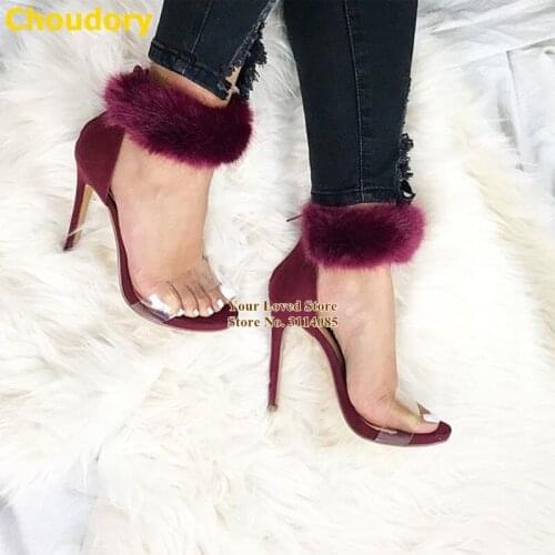 Choudory Wine Red Beige Nice Fur Sandals Stiletto Heels Transparent PVC Strap Dress Pumps Exquisite Women Wedding Shoes Dropship