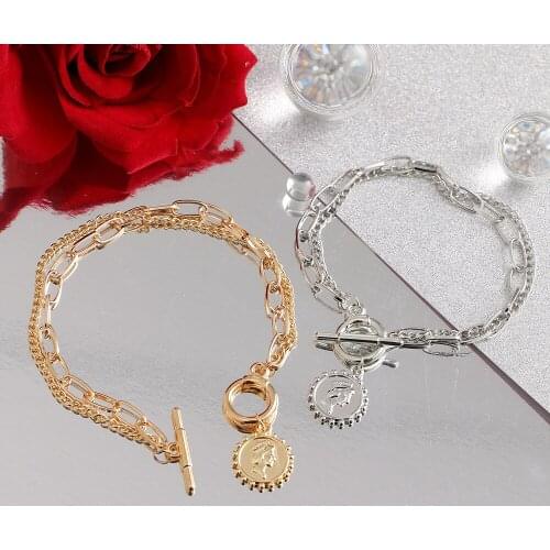 Hip-hop Retro Head Pendant Bracelet for Women Personality Gold Color Metal TO Buckle Multi-layer Bracelet Ins Style Girl