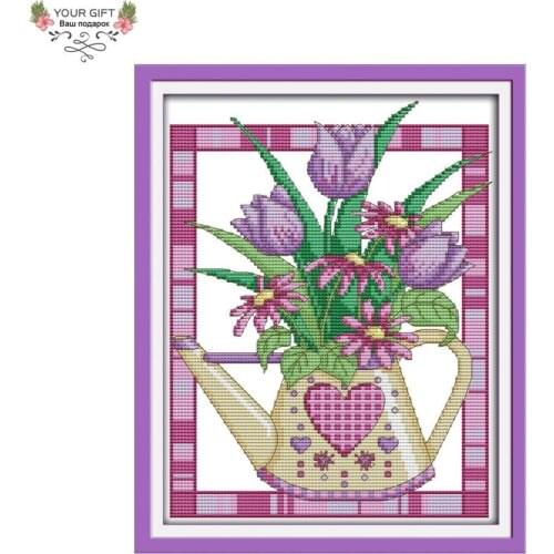Joy Sunday H565 14CT 11CT Counted and Stamped Home Decoration A Purple Tulip Vase Needlework Embroidery DIY Cross Stitch kits