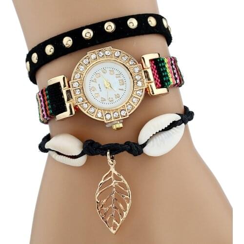 Fashion Luxury Watch Women Casual Crystal Gold Leaf Jewelry Conch Quartz Wristwatch Ladies Vintage Bracelet