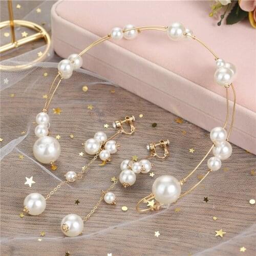 Bride Pearl Headdress Fairy Exquisite Jewelry Wedding Accessories Pearl Earrings Pearl Headband Set diademas para el pelo mujer