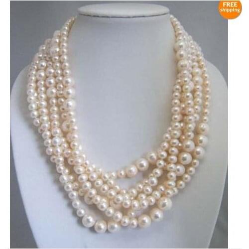 New Arriver,Handmade Pearl Jewellery,Multi Strand White Round Freshwater Pearl Necklace,Shell Flower Clasp,Perfect Women Jewelry