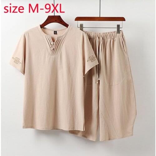 New Arrival Fashion Super Large Summer Men Cotton Linen Short Sleeve Handsome Set Casual O-neck Hand-painted Plus Size M-8XL 9XL