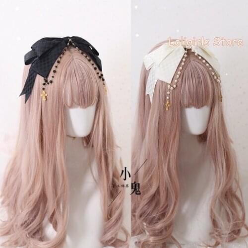 Lolita Harajuku Sweet Headband Headdress Young Girl Cross Cute Bowknot Bead Chain KC Hair hoop Hair Accessories Cosplay