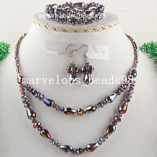 Wholesale 6 sets Violet Faceted Crystal Water Drop Art Beads Necklace Bracelet Earrings FG3918