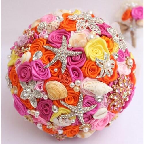Orange & Pink Wedding Bouquet custom bridal brooch bouquet marine-themed starfish shell pearl bouquet wedding supplies