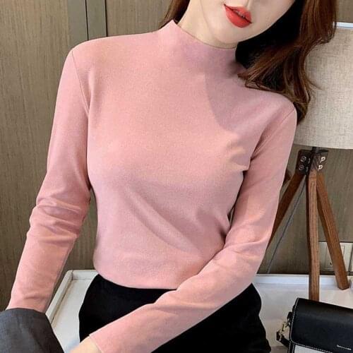 Autumn Spring Women T-shirts Casual Ladies Korean Turtleneck Long Sleeve Solid Color Elastic Slim Tee Tops WDC8625