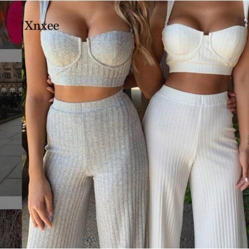 Ribbed Knitted Crop Top Camisole Flares Trousers 2 Piece Set Solid Color Casual Suit Fashion Comfortable Outfit