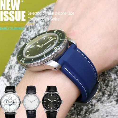 23mm Rubber Silicone Watch Strap Black Blue Waterproof Needle Buckle Watchband Suitable for Blancpain Fifty Fathoms Watch