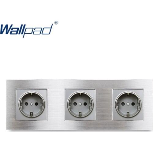 Silver Triple EU Plug Socket Wallpad Silver Metal Panel 258*86mm 3 Way 16A Wall Power Outlet Schuko German Socket 220V