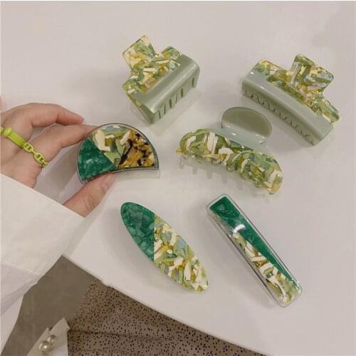 Korean Fashion Vintage Green Patchwork Geometric Hair Clips Claws Barette Femme Hairpins 2021 Summer Hair Accessories For Women
