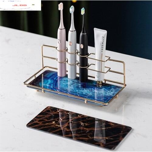 Iron Art Marbling Glass Storage Rack Bathroom Supplies Toiletries Shelf Toothbrush Holder Glass Mouthwash Cup Decorative Frame