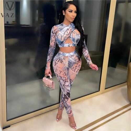 VAZN 2021 New Hollow Out Open Retro Halter Full Sleeve Bandage Bodycon Top Sexy Club Long Pant Skinny Women 2 Piece Set