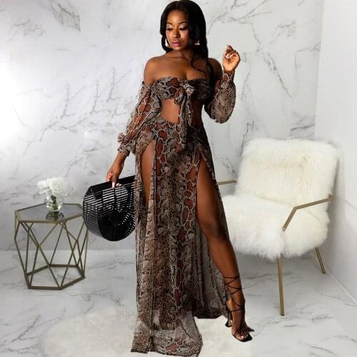 Snake Skin Print 2 Piece Skirt Set Womens Costumes Off Shoulder Lantern Sleeve Crop Top and Side High Split Maxi Skirt Outfits