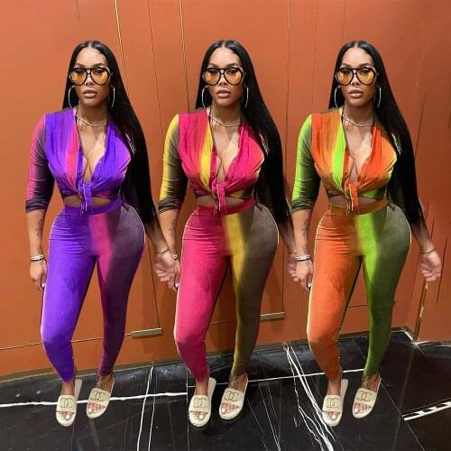 Fashion Streetwear Striped Print Knotted Shirt Two Piece Set Women Sexy Long Sleeve V Neck Top Pants Slim Matching Set Outfits