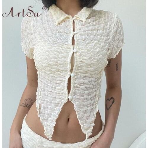 ArtSu Y2K 2000s Aesthetic Mesh Sexy Crop Top Women Summer Transparent Short Sleeve T Shirt Ladies White Grunge Tshirts Club