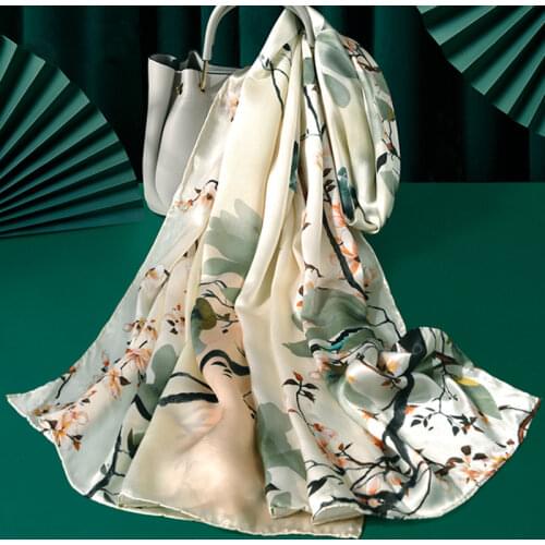 Women Silk Scarf Luxury Print Shawls and Wraps For Ladies Hangzhou Silk Long Scarves 100% Silk Satin Head Scarf Foulard Femme