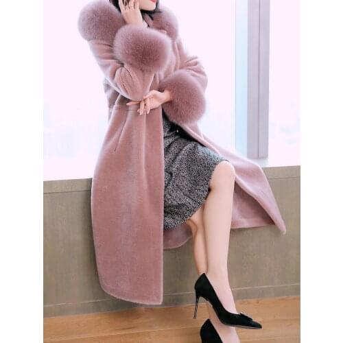 Real Sheep Shearling Female Fox Fur Collar 100% Wool Coats 2020 Winter Jacket Women Korean Long Coat MY3658