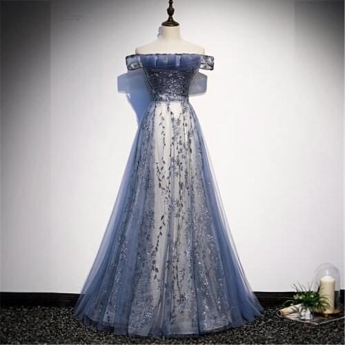 Boat Neck Evening Dresses Navy Blue Off the Shoulder Sleeves A-line Bling Floor-length Plus size Customized Formal Dress R1302