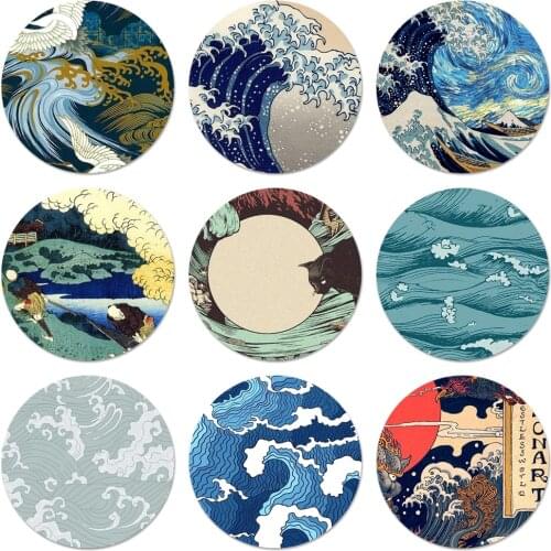 Wave Art Japanese Green Illust Icons Pins Badge Decoration Brooches Metal Badges For Clothes Backpack Decoration 58mm