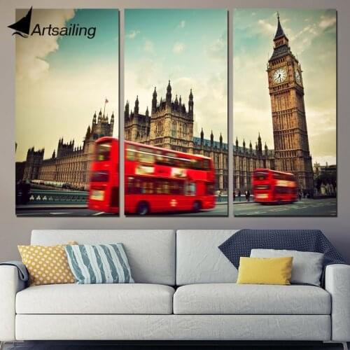 3 Panels Canvas Art Red Bus City Buildings Home Decor Wall Art Painting Canvas Prints Pictures for Living Room Poster XA1088B