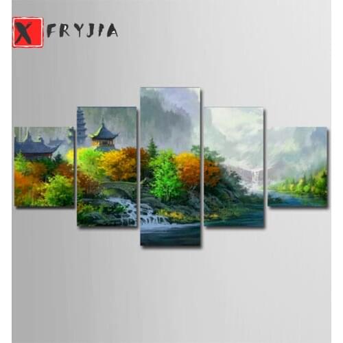5pcs Full square diamond painting Natural scenery deep mountain temple diamond embroidery 5D rhinestone mosaic diamond inlaid