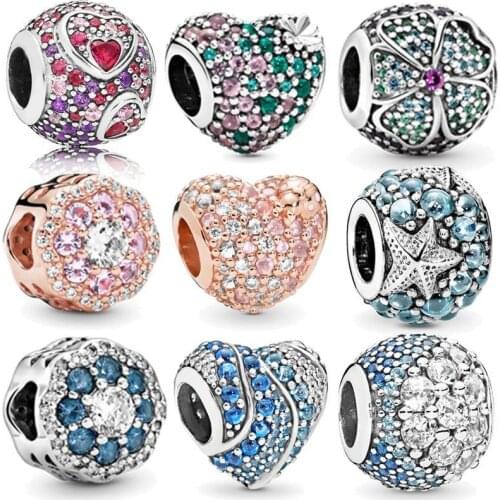 Ahthen 925 Sterling Silver Beads 9 Multiple Color CZ Ocean Love Heart Beads Charms fit Original Pandora Bracelets DIY Jewelry