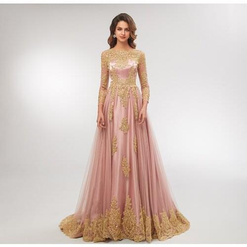 Elegant Long Sleeve Prom Dresses 2020 A Line Pink Appliques Long Evening Party Gowns Plus Size Tulle Formal Dresses
