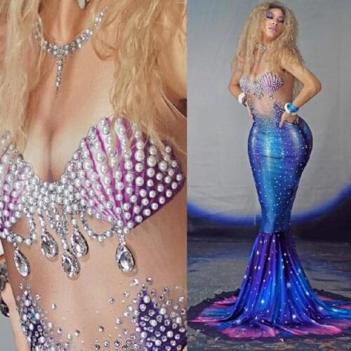 Elegant Mermaid Rhinestone long Dress women sexy Club Party Birthday print Clothing Singer Stage Performance Costume drag queen